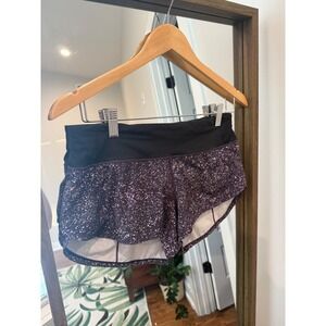 Lululemon Purple Speckled Print Low Rise Running Shorts with Zipper‎ Pocket Sz 4